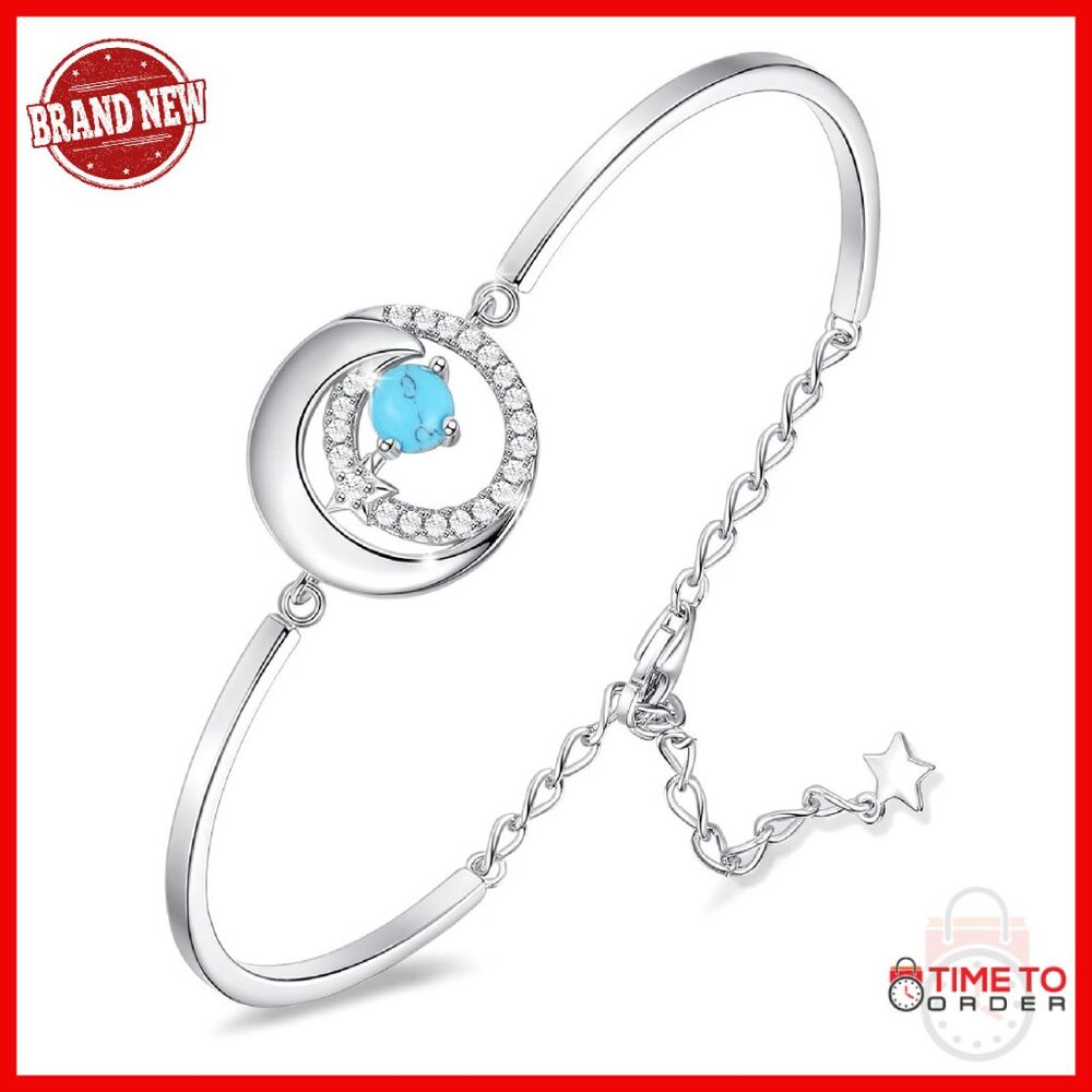 925 Sterling Silver Moon Star Bangle Charm Bracelet Adjustable Chain Fine